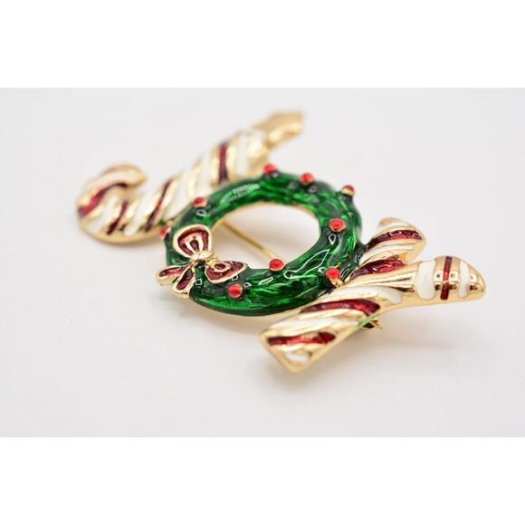 Vintage Christmas JOY Pin Brooch Wreath Enamel Candy Cane Holiday NOS 80s BinA9 - Picture 5 of 12